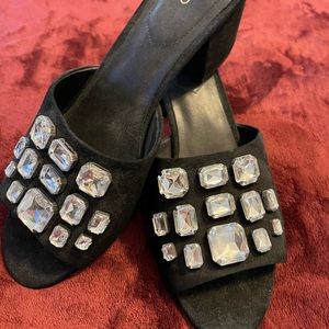 Brand new.  Never worn black velvet with crystals sandals.